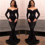 Mermaid Sweetheart Portrait Long Sleeves Floor Length Court Paillette Evening Dress-showprettydress