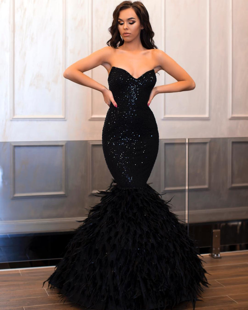 Mermaid Sweetheart Portrait Long Sleeves Floor Length Court Paillette Evening Dress-showprettydress