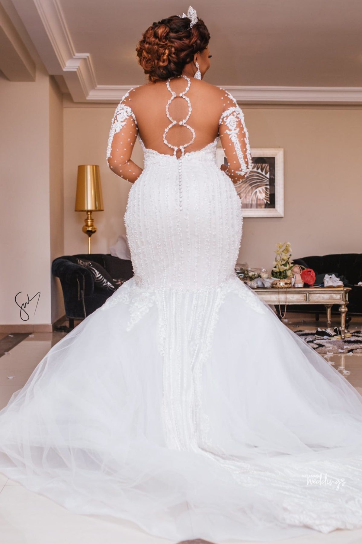 Mermaid Sweetheart Short Train Long Sleeves Backless Organza Applique Wedding Dress-showprettydress