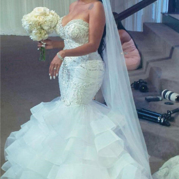 Plus Size Mermaid Crystal Lace Beads Sweetheart Long Train African Custom  Made Ruffless Wedding Dresses – showprettydress