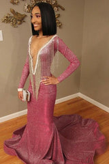 Mermaid Transparent Deep V-neck -Round Collar Floor Length Sequin Fringe Prom Dress-showprettydress
