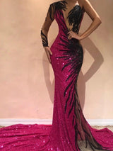 Mermaid Transparent Round Collar Chapel One-shoulder Long Sleeve Backless Paillette Prom Dress-showprettydress