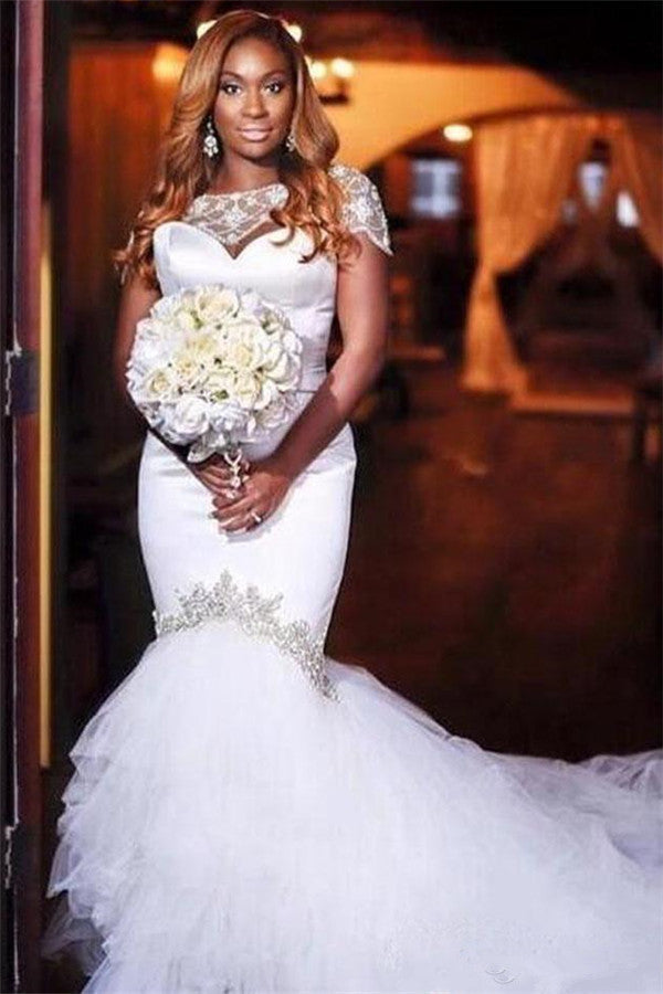 Mermaid Tulle Beads Appliques Wedding Dress Exquisite Short Sleeves Bridal Dresses-showprettydress