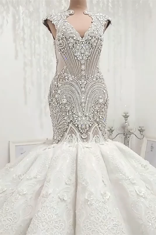 Mermaid V-neck Floor Length Backless Tulle Beading Applique Wedding Dress-showprettydress