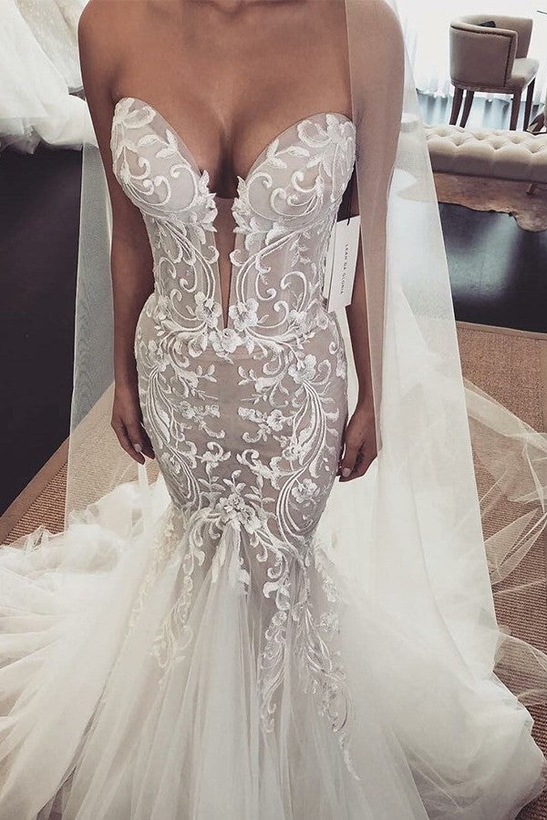 Mermaid V-neck Floor Length Chapel Tulle Embroidery Wedding Dress-showprettydress