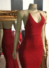 Mermaid V-neck Halter Floor Length Ruffle Hem Paillette Prom Dress-showprettydress