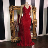 Mermaid V-neck Halter Floor Length Ruffle Hem Paillette Prom Dress-showprettydress