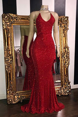 Mermaid V-neck Halter Floor Length Ruffle Hem Paillette Prom Dress-showprettydress