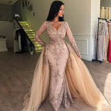 Mermaid V-neck Long Sleeve Floor Length Tulle Embriodery Prom Dress-showprettydress
