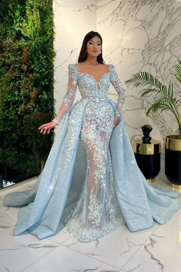 Mermaid V-neck Long Sleeve Lace Applique Floor-length detachable train Prom Dress-showprettydress