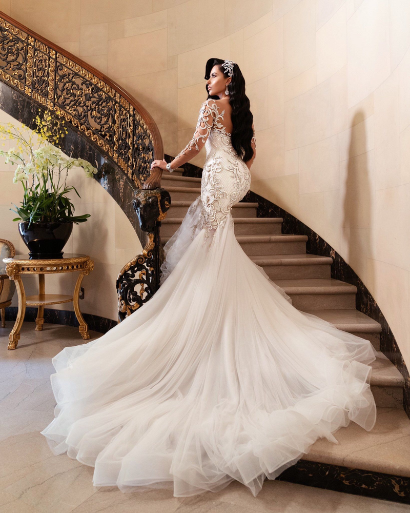 Mermaid V-neck Long Sleeves Floor Length Tulle Beading Applique Wedding Dress-showprettydress