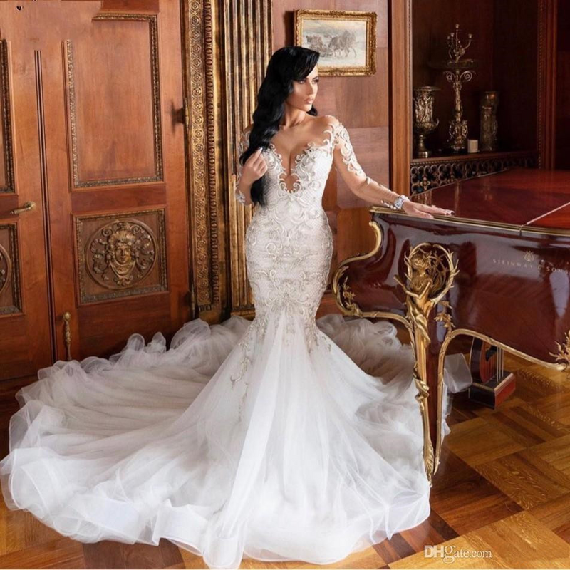 Mermaid V-neck Long Sleeves Floor Length Tulle Beading Applique Wedding Dress-showprettydress
