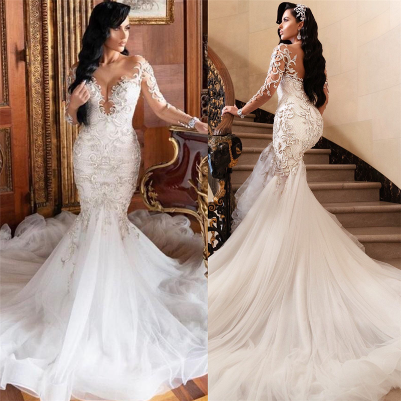 Mermaid V-neck Long Sleeves Floor Length Tulle Beading Applique Wedding Dress-showprettydress