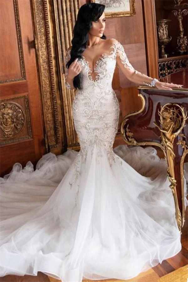 Mermaid V-neck Long Sleeves Floor Length Tulle Beading Applique Wedding Dress-showprettydress