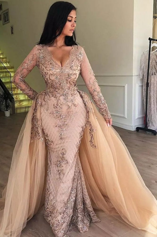 Mermaid V-neck Long Sleevess Appliques Prom Dresses with Detachable Skirt-showprettydress