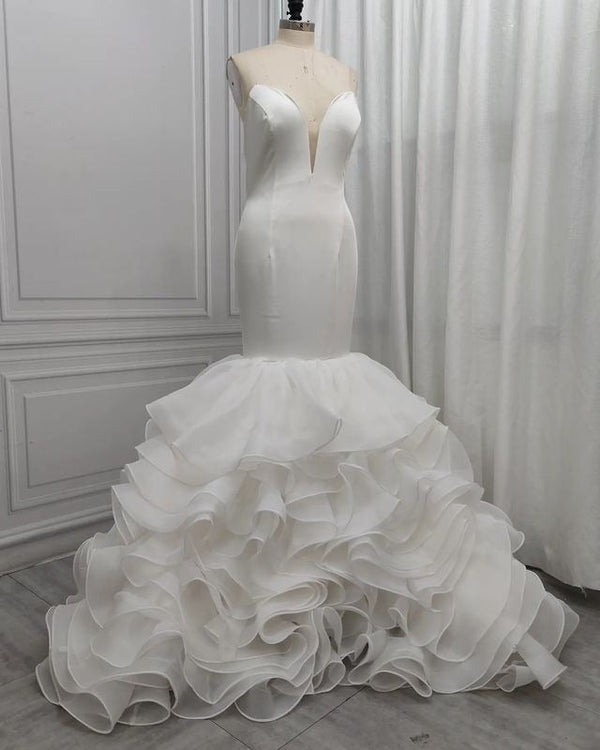 Mermaid V-neck Long Train Chiffon Lotus Leaf Hem Wedding Dress-showprettydress