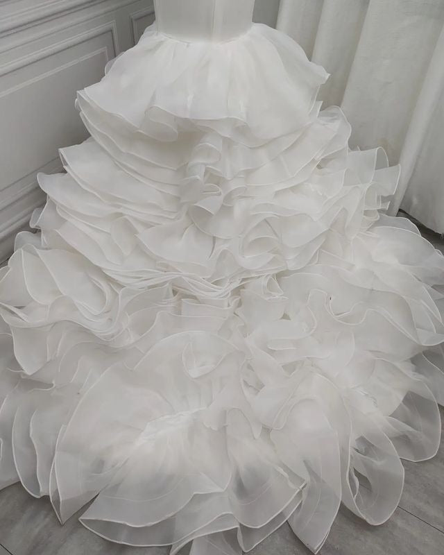 Mermaid V-neck Long Train Chiffon Lotus Leaf Hem Wedding Dress-showprettydress