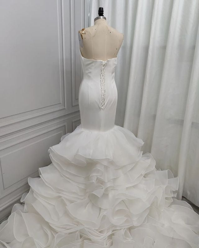 Mermaid V-neck Long Train Chiffon Lotus Leaf Hem Wedding Dress-showprettydress