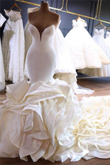Mermaid V-neck Long Train Chiffon Lotus Leaf Hem Wedding Dress-showprettydress