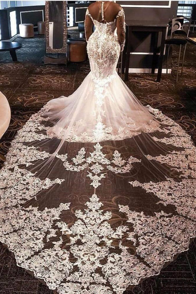 Mermaid V-neck Long Train Long Sleeves Tulle Beading Applique Wedding Dress-showprettydress
