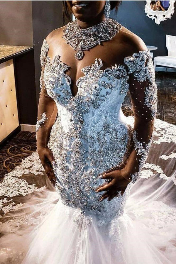 Mermaid V-neck Long Train Long Sleeves Tulle Beading Applique Wedding Dress-showprettydress