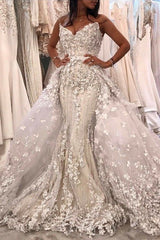 Mermaid V-neck Long Train Sleeveless Tulle Applique Wedding Dress-showprettydress