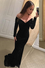 Mermaid V-neck Off-the-shoulder Long Sleeves Floor Length Evening Dress-showprettydress