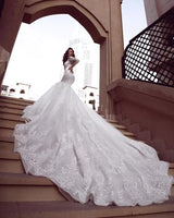 Mermaid V-neck Off-the-shoulder Long Train Organza Paillette Applique Wedding Dress-showprettydress