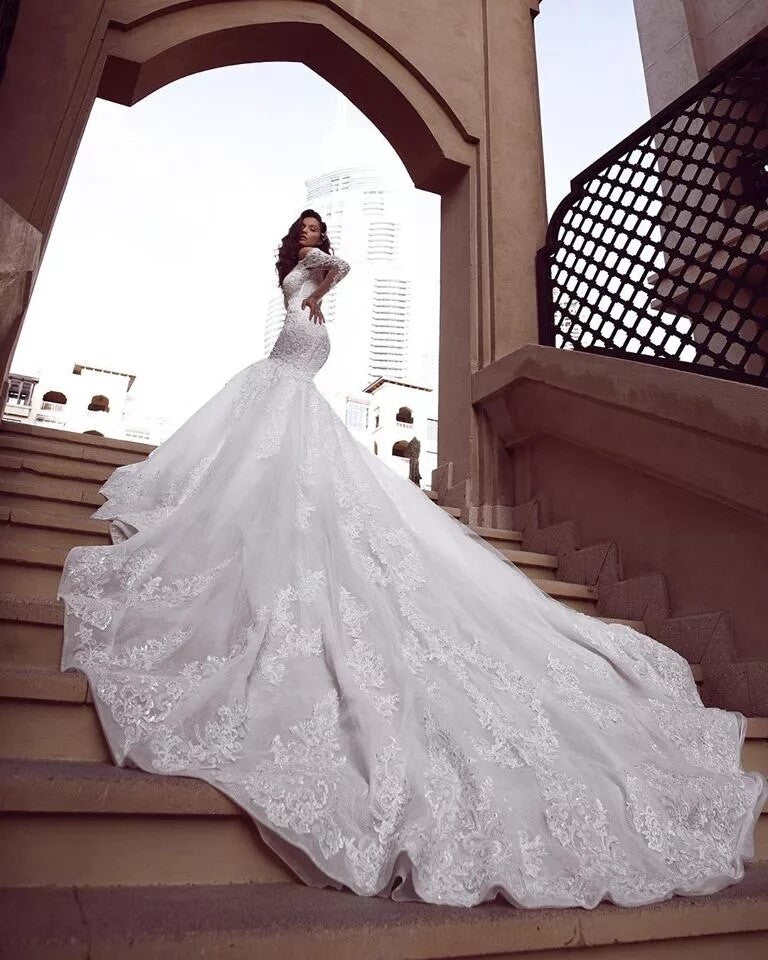 Mermaid V-neck Off-the-shoulder Long Train Organza Paillette Applique Wedding Dress-showprettydress