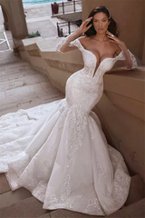 Mermaid V-neck Off-the-shoulder Long Train Organza Paillette Applique Wedding Dress-showprettydress