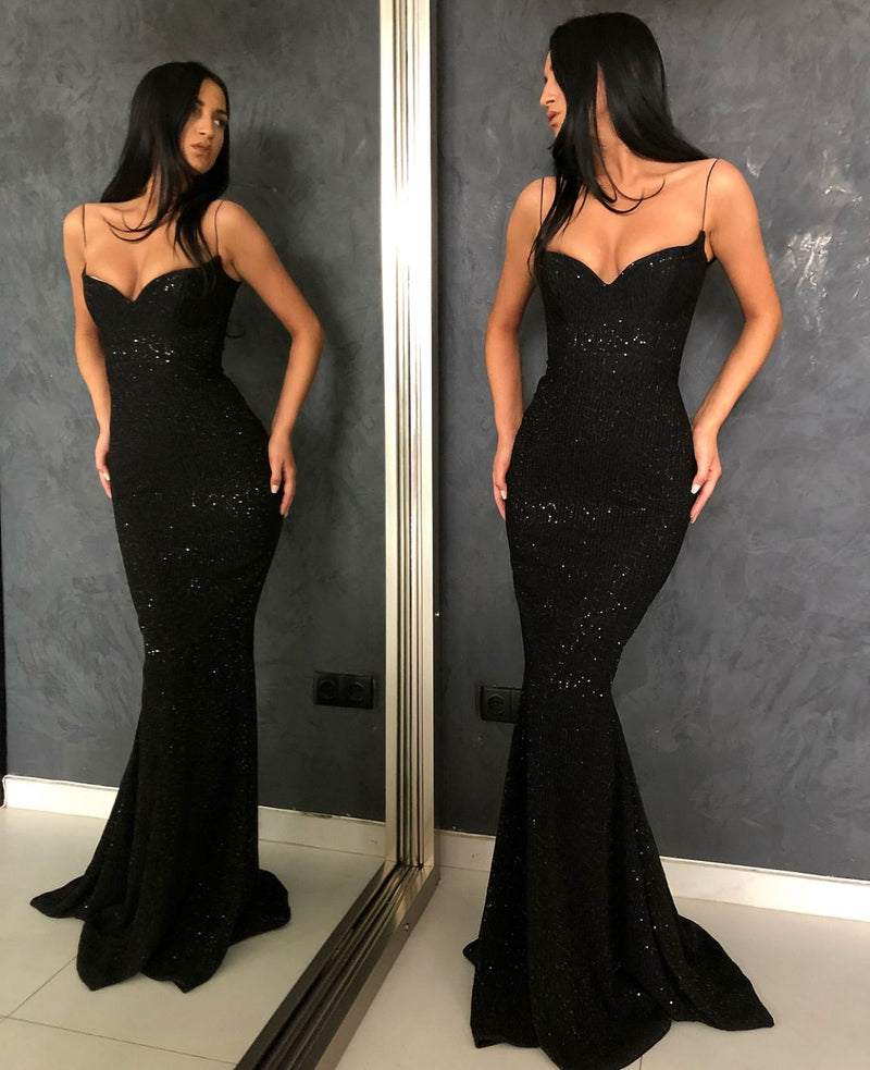 Mermaid V-neck Spaghetti Strap Floor Length Paillette Prom Dress-showprettydress