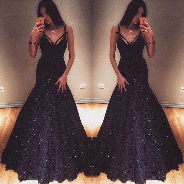 Mermaid V-neck Spaghetti Strap Floor Length Paillette Prom Dress-showprettydress