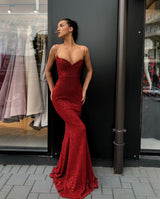 Mermaid V-neck Spaghetti Strap Floor Length Paillette Prom Dress-showprettydress