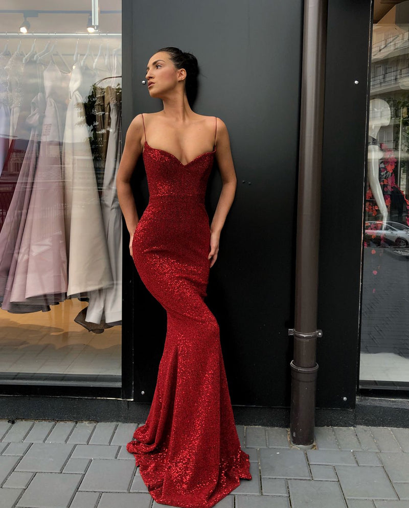 Mermaid V-neck Spaghetti Strap Floor Length Paillette Prom Dress-showprettydress