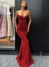 Mermaid V-neck Spaghetti Strap Floor Length Paillette Prom Dress-showprettydress