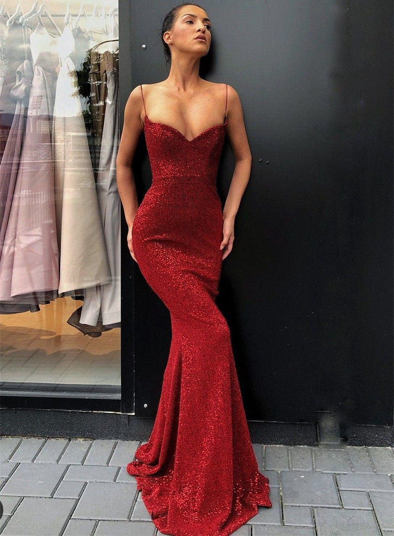 Mermaid V-neck Spaghetti Strap Floor Length Paillette Prom Dress-showprettydress