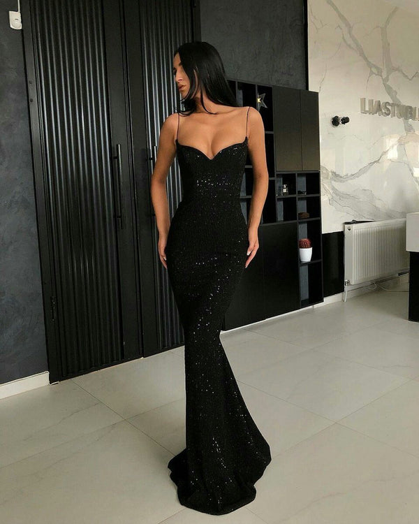 Mermaid V-neck Spaghetti Strap Floor Length Paillette Prom Dress-showprettydress