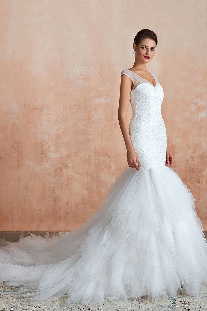 Mermaid Wedding Dress Beaded Chic V-Neck Sleeveless Bridal Gowns With Train-Showprettydress