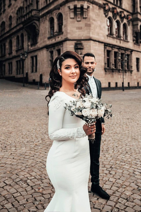 Mermaid Wedding Dress Long Sleeves Satin Bridal Gowns-showprettydress