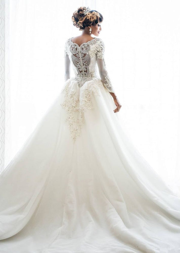 Mermaid Wedding Dresses with Trendy Overskirt Beads Lace Appliques Long Sleeves Bridal Gowns-showprettydress