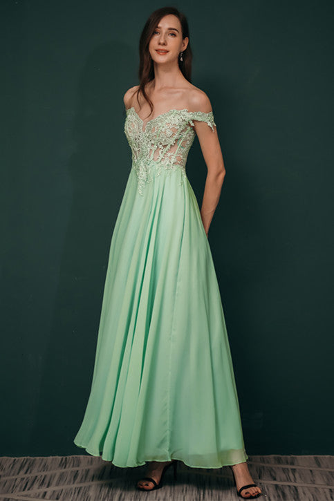 Mint Green Chiffon See-through Off-the-shoulder Lace Evening Dress-showprettydress