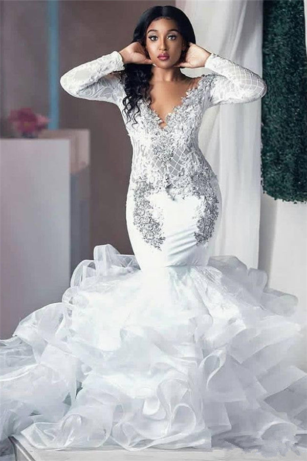 Modern Beading Appliques Wedding Dresses Long Sleeves Mermaid Tulle Bridal Gowns-showprettydress