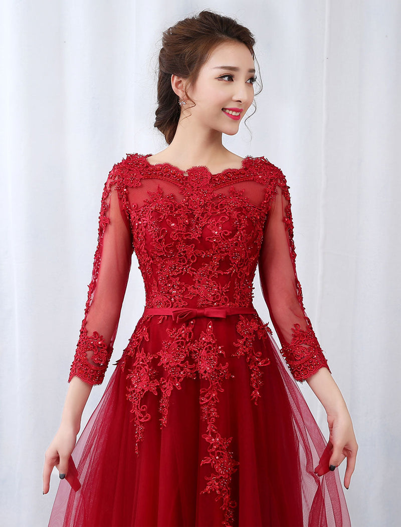 Modern Burgundy Evening Dresses Long Sleeve Lace Applique Beaded Formal Gown With Train-showprettydress