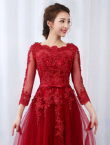 Modern Burgundy Evening Dresses Long Sleeve Lace Applique Beaded Formal Gown With Train-showprettydress