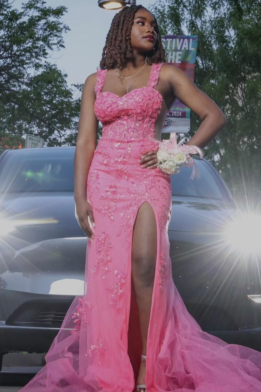 Modern Candy Pink Straps Tulle Appliques Side Slit Prom Dress-showprettydress