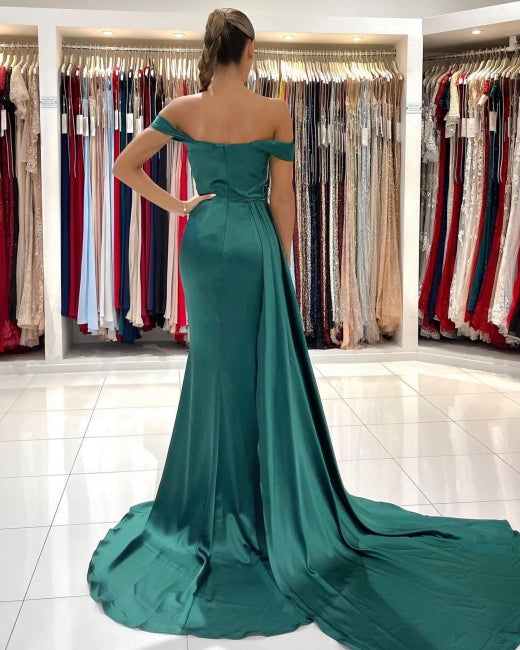 Modern Dark Green Off-the-shoulder Slit Mermaid Prom Dresses-showprettydress