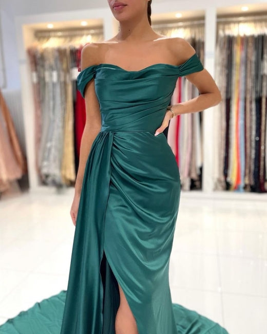 Modern Dark Green Off-the-shoulder Slit Mermaid Prom Dresses-showprettydress