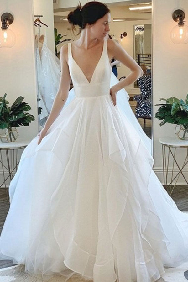 Modern Deep V neck Sleeveless White Tulle Wedding Dresses with Ruffless-showprettydress