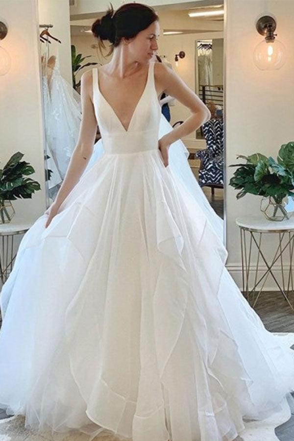 Modern Deep V neck Sleeveless White Tulle Wedding Dresses with Ruffless-showprettydress