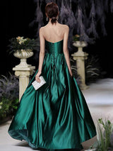 Modern Evening Dress A-Line Strapless Satin Fabric Floor-Length Pleated Formal Party Dresses Forest Green Pageant Dress-showprettydress